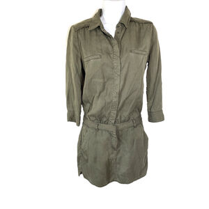 Etienne Marcel Snap Front Long Sleeve Mini Dress Pockets Military Green Sz XS